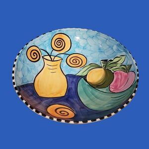 HAND PAINTED 14.5" VTG Fruit Centerpiece Bowl ALCOBACA PORTUGAL Large Abstract